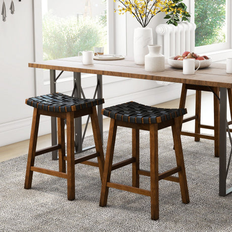 Faux PU Leather Bar Height Stools Set of 2 with Woven Curved Seat-25 Inches