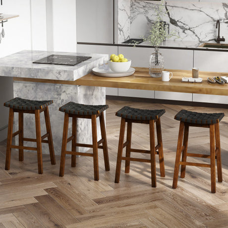 Faux PU Leather Bar Height Stools Set of 2 with Woven Curved Seat-29 Inches