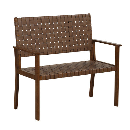 Outdoor All Weather Bench with Solid Rubber Wood Frame and Hand Woven PU Leather-Brown