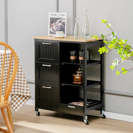 Rolling Kitchen Island Utility Storage Cart with 3 Large Drawers-Black