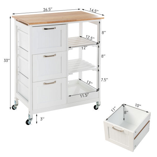 Rolling Kitchen Island Utility Storage Cart with 3 Large Drawers-White