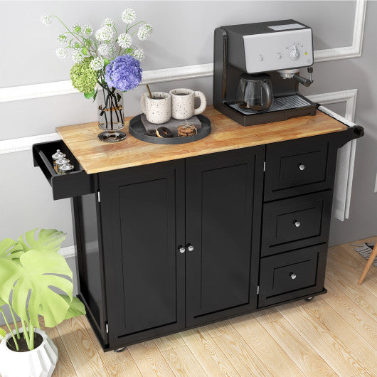 Kitchen Island Trolley Cart Wood with Drop-Leaf Tabletop and Storage Cabinet-Black