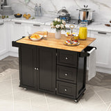 Kitchen Island Trolley Cart Wood with Drop-Leaf Tabletop and Storage Cabinet-Black