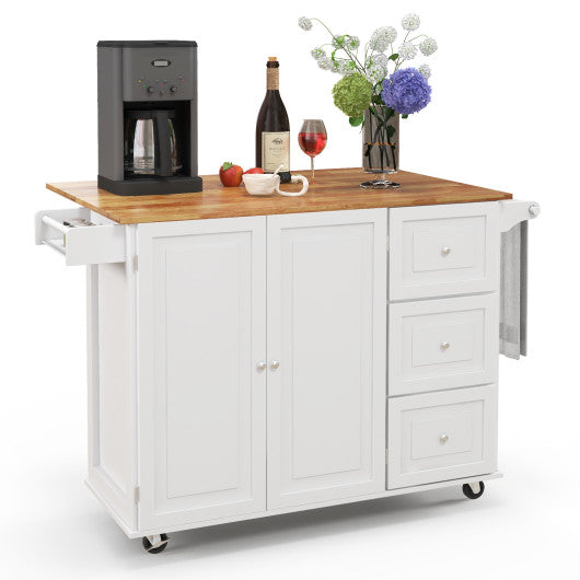 Kitchen Island Trolley Cart Wood with Drop-Leaf Tabletop and Storage Cabinet-White