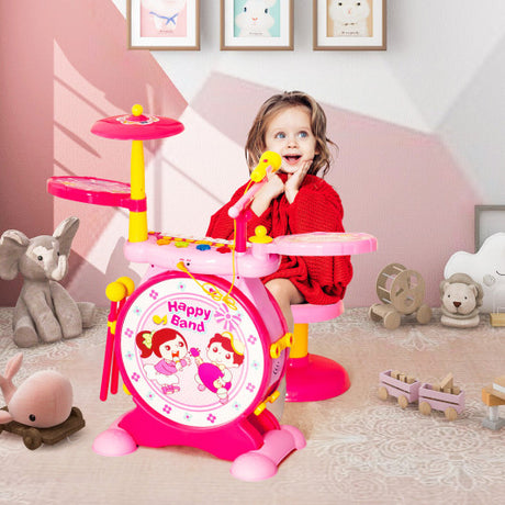 2-in-1 Kids Electronic Drum and Keyboard Set with Stool-Pink