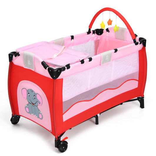 Baby Crib Playpen Playard Pack Travel Infant Bassinet Bed Foldable 4 color-pink