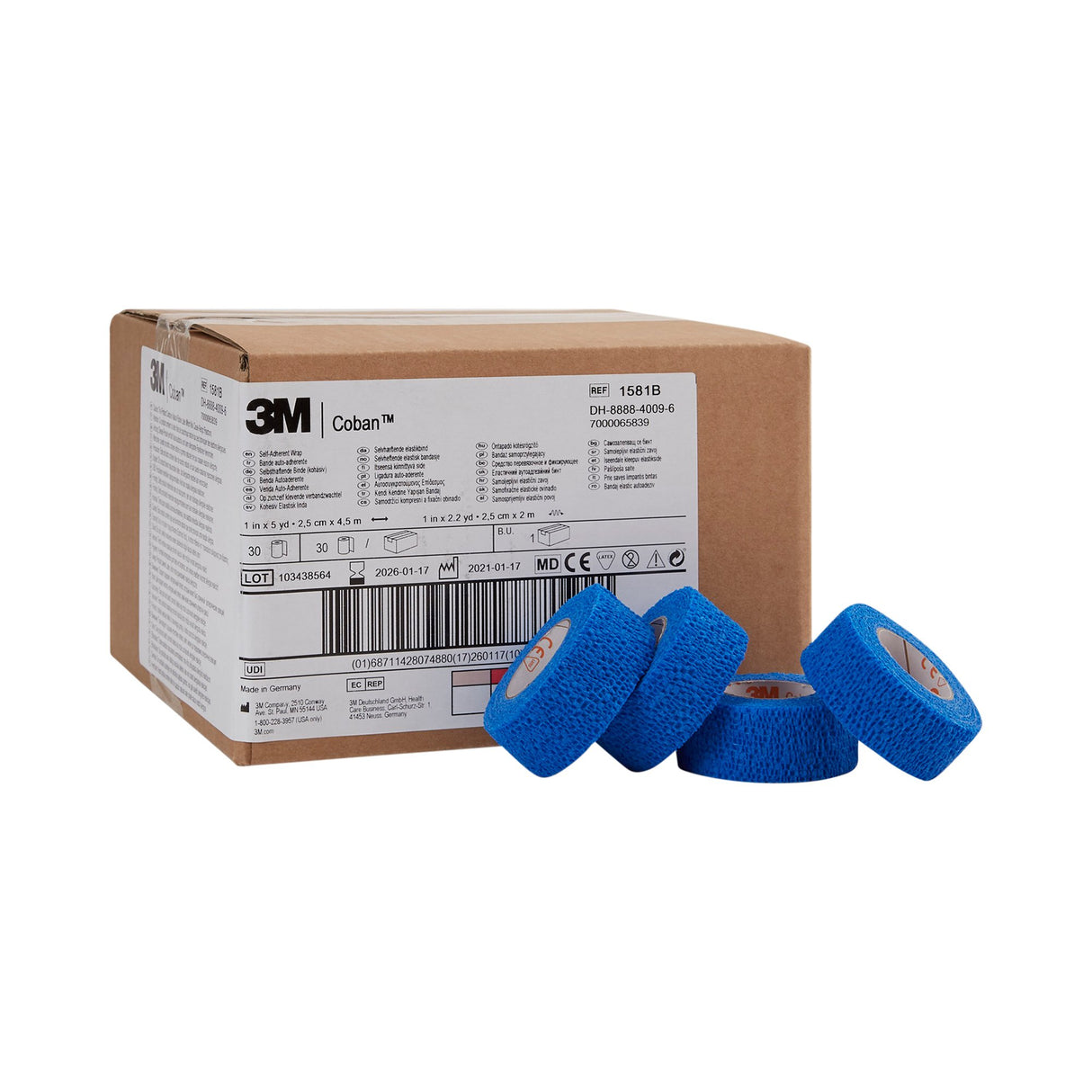3M™ Coban™ Self-adherent Closure Cohesive Bandage, 1 Inch x 5 Yard, Blue