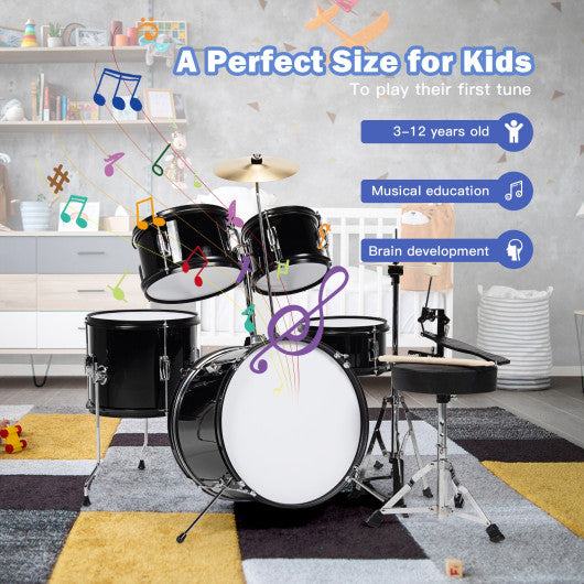 16 Inch 5 Pieces Complete Kids Junior Drum Set Children Beginner Kit-Black