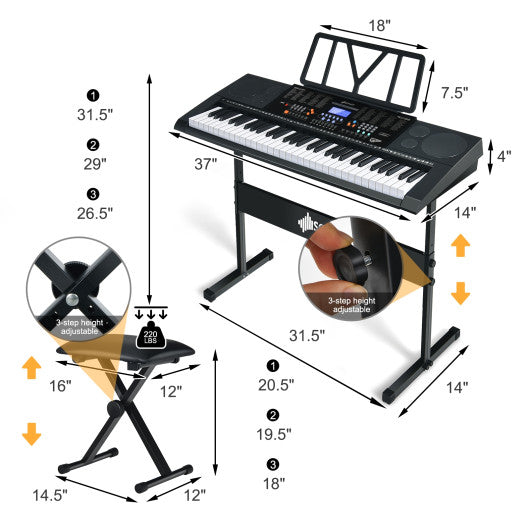 61-Key Electronic Keyboard Piano Set with Full Size Lighted Keys