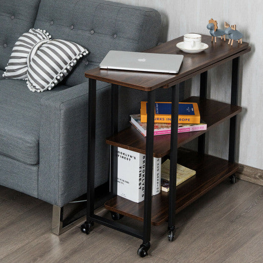360° Rotating Sofa Side Table with Storage Shelves and Wheels-Walnut