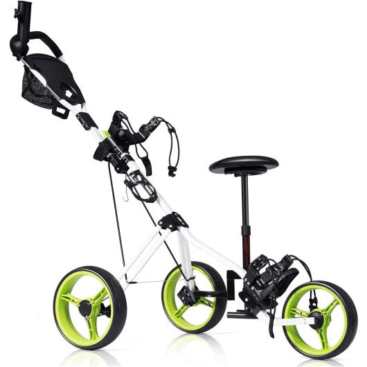 Foldable 3 Wheels Push Pull Golf Trolley with Scoreboard Bag-Green