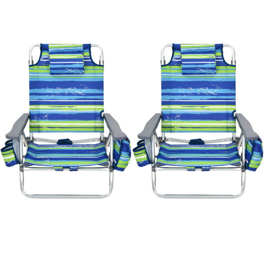 2-Pack Folding Backpack Beach Chair 5-Position Outdoor Reclining Chairs with Pillow-Blue