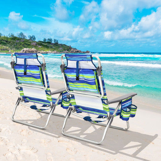 2-Pack Folding Backpack Beach Chair 5-Position Outdoor Reclining Chairs with Pillow-Blue