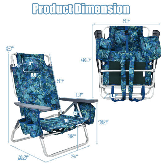 4-Pack 5-Position Outdoor Folding Backpack Beach Reclining Chair with Pillow-Navy