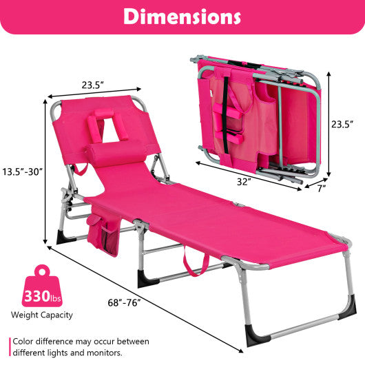 Folding Beach Lounge Chair with Pillow for Outdoor-Pink