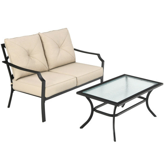 2 Pieces Patio Outdoor Cushioned  Sofa Bench with Coffee Table-Beige