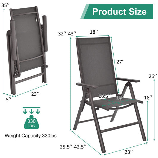 2 Pieces Patio Folding Dining Chairs Aluminium Adjustable Back-Gray