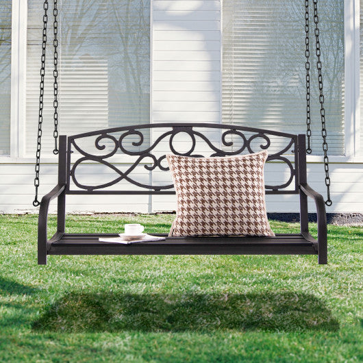 Outdoor 2-Person Metal Porch Swing Chair with Chains-Brown