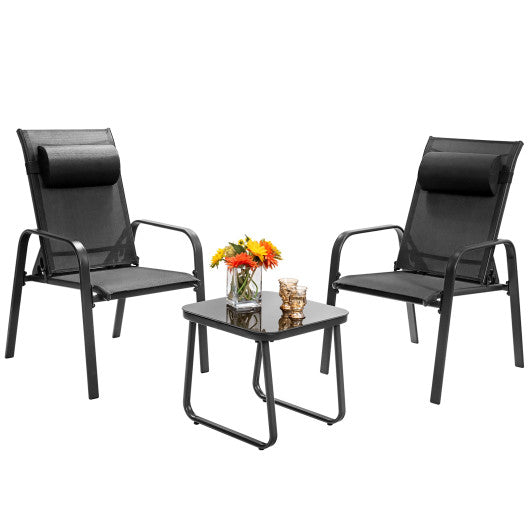 3 Pieces Patio Bistro Furniture Set with Adjustable Backrest-Black