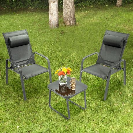 3 Pieces Patio Bistro Furniture Set with Adjustable Backrest-Gray