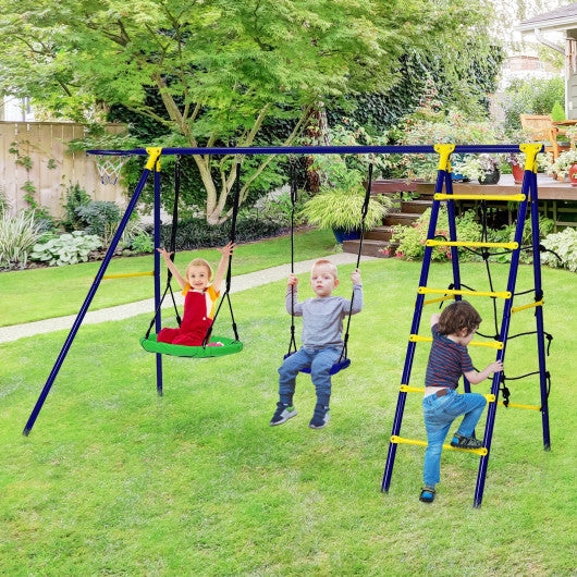 5-In-1 Outdoor Kids Swing Set with A-Shaped Metal Frame and Ground Stake
