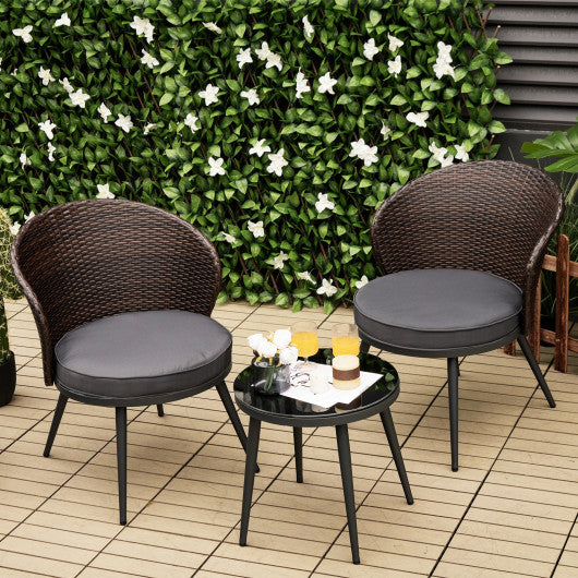 3 Pieces Patio Rattan Bistro Set with 2 Seat Cushions and Tempered Glass Tabletop-Brown