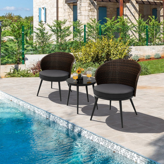 3 Pieces Patio Rattan Bistro Set with 2 Seat Cushions and Tempered Glass Tabletop-Brown