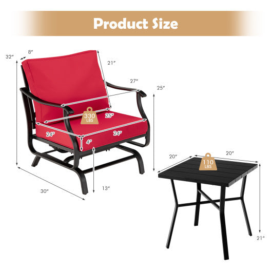 3 Piece Patio Rocking Chair Set with Coffee Table-Red