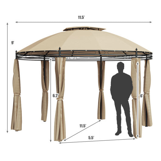 11.5 ft Outdoor Patio Round Dome Gazebo Canopy Shelter with Double Roof Steel-Brown