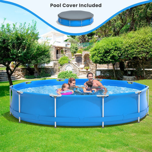 Round Above Ground Swimming Pool With Pool Cover-Blue