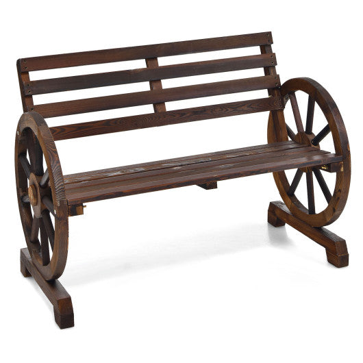 2-Person Outdoor Wooden Wagon Wheel Garden Bench-Brown