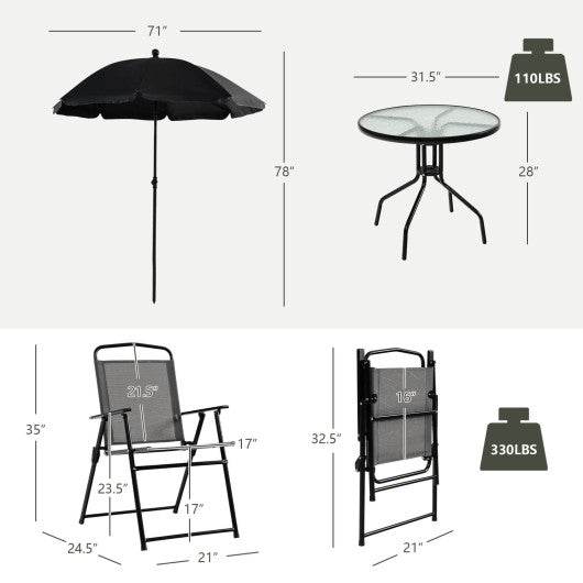 6 Pieces Patio Dining Set Folding Chairs Glass Table Tilt Umbrella for Garden-Gray