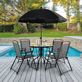 6 Pieces Patio Dining Set Folding Chairs Glass Table Tilt Umbrella for Garden-Gray