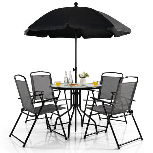 6 Pieces Patio Dining Set Folding Chairs Glass Table Tilt Umbrella for Garden-Gray