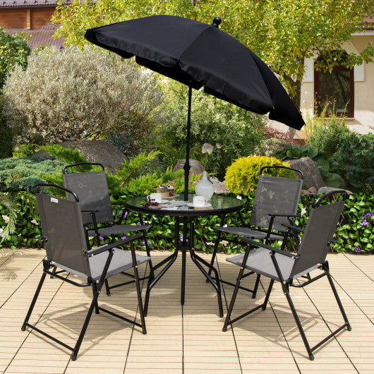 6 Pieces Patio Dining Set Folding Chairs Glass Table Tilt Umbrella for Garden-Gray