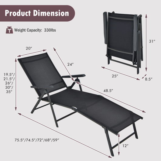 Patio Foldable Chaise Lounge Chair with Backrest and Footrest-Black