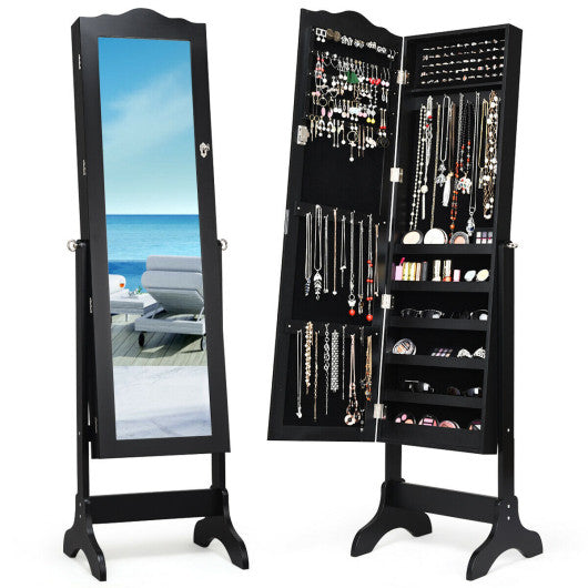Mirrored Lockable Jewelry Cabinet Armoire Organizer Storage Box-Black