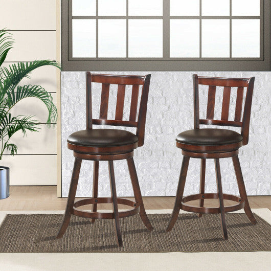 2 Pieces 360 Degree Swivel Wooden Counter Height Bar Stool Set with Cushioned Seat-25 inches