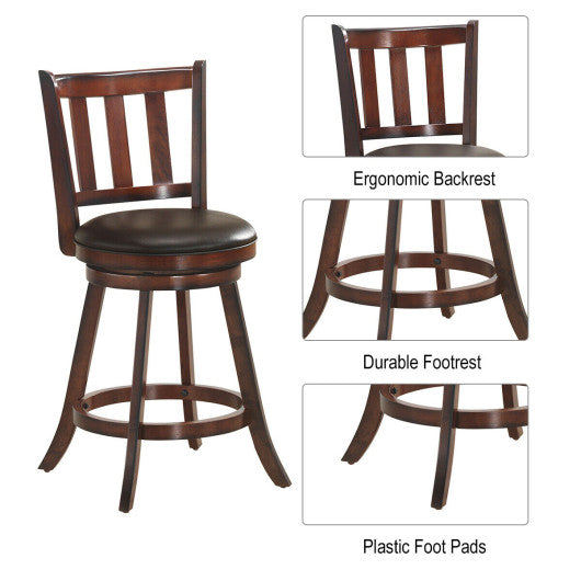 2 Pieces 360 Degree Swivel Wooden Counter Height Bar Stool Set with Cushioned Seat-25 inches