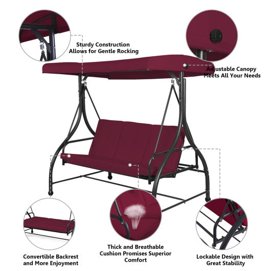 3 Seats Converting Outdoor Swing Canopy Hammock with Adjustable Tilt Canopy-Dark Red