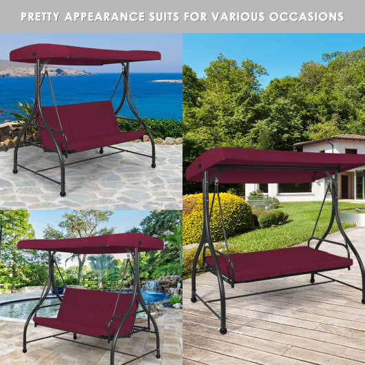 3 Seats Converting Outdoor Swing Canopy Hammock with Adjustable Tilt Canopy-Dark Red
