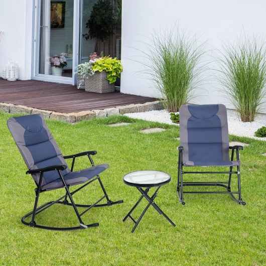 3 Pcs Outdoor Folding Rocking Chair Table Set with Cushion-Blue