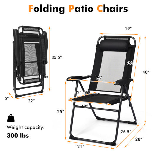 2 Pieces Patio Adjustable Folding Recliner Chairs with 7 Level Adjustable Backrest-Black