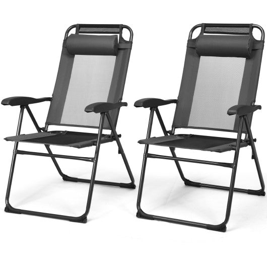 2 Pieces Patio Adjustable Folding Recliner Chairs with 7 Level Adjustable Backrest-Gray