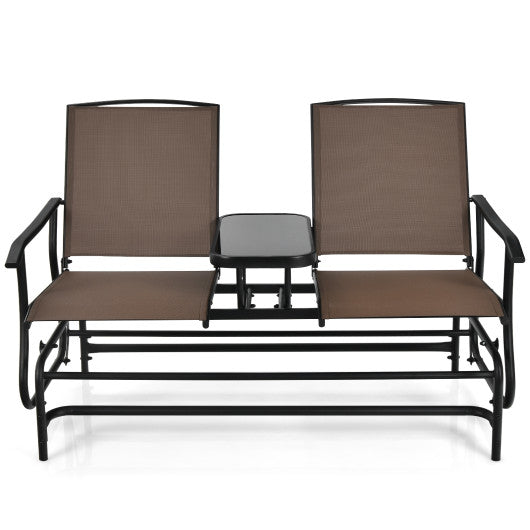 2-Person Double Rocking Loveseat with Mesh Fabric and Center Tempered Glass Table-Brown