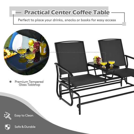 2-Person Double Rocking Loveseat with Mesh Fabric and Center Tempered Glass Table-Black