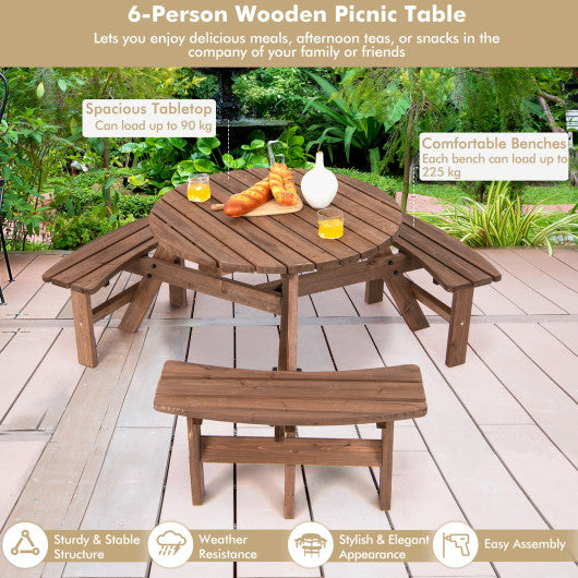 6 Person Wooden Picnic Table Set with Bench and Umbrella Hold