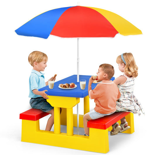 Kids Picnic Folding Table and Bench with Umbrella-Yellow