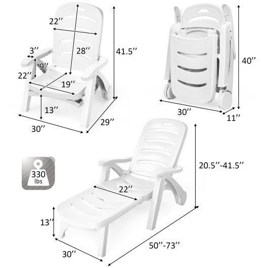 5 Position Adjustable Folding Lounger Chaise Chair on Wheels