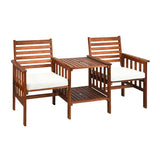 3 pcs Outdoor Patio Table Chairs Set Acacia Wood Loveseat-White